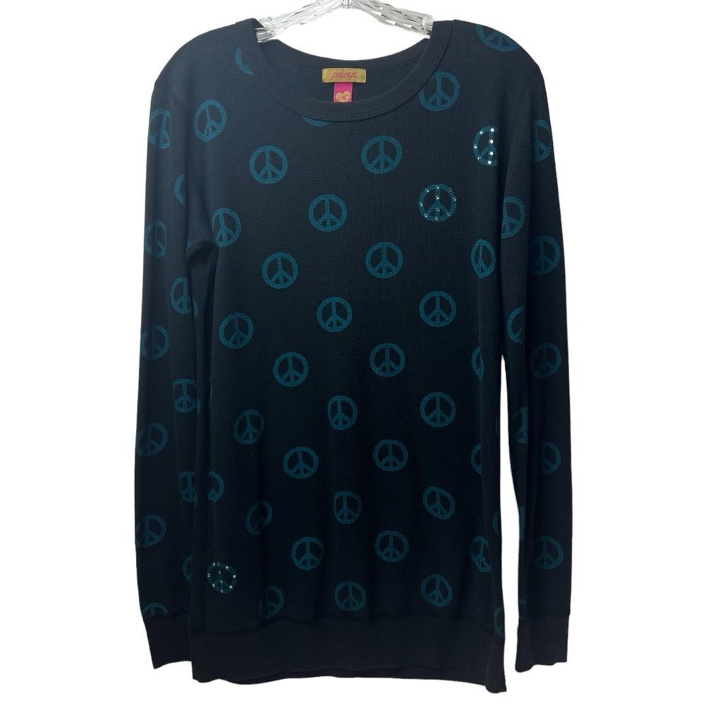It’s Primp Iconic Peace Symbol Rhinestoned Black Long Sleeve Sweater  Size M